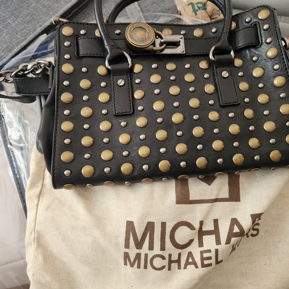 Michael Kors Black Leather Studded Satchel with Gold-Tone Hardware